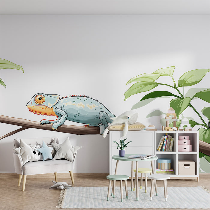 Tapet pentru camera copilului | Cameleon colorat pe o ramură cu frunziș tropical