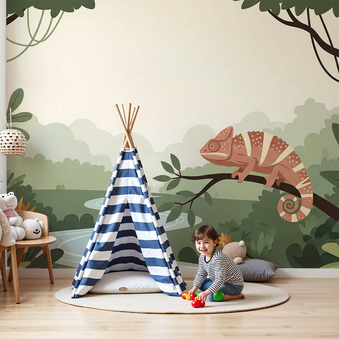 Papier peint chambre enfant | Caméléon coloré sur une branche dans une jungle luxuriante