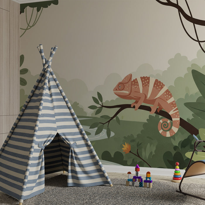 Papier peint chambre enfant | Caméléon coloré sur une branche dans une jungle luxuriante