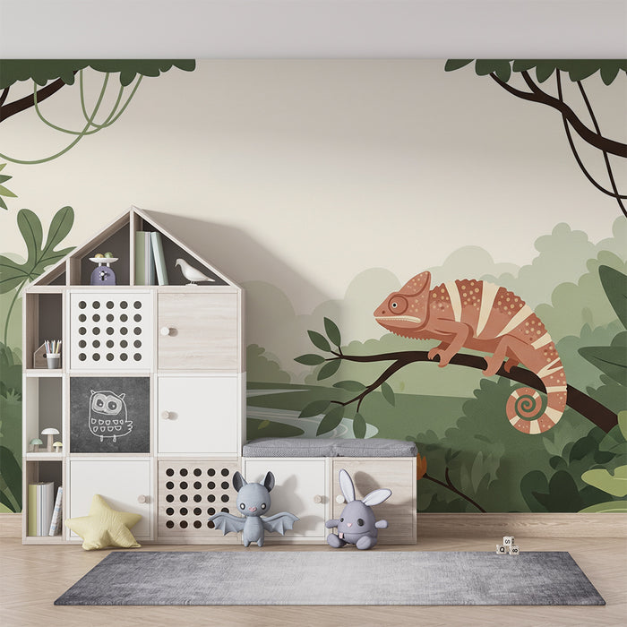 Papier peint chambre enfant | Caméléon coloré sur une branche dans une jungle luxuriante