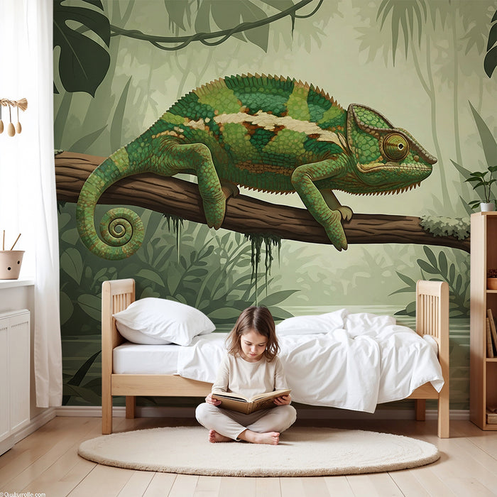 Kids' Room Wallpaper | Colorful Chameleon on a Branch in a Lush Jungle