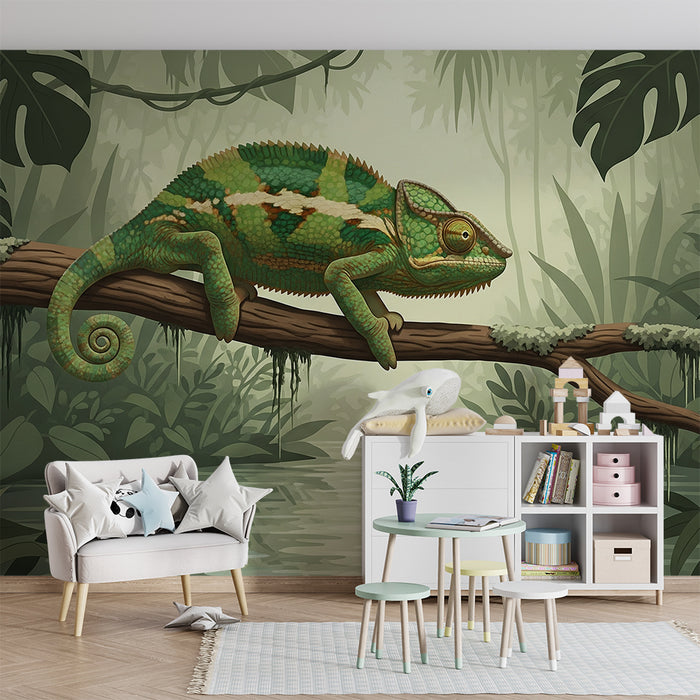 Kids' Room Wallpaper | Colorful Chameleon on a Branch in a Lush Jungle