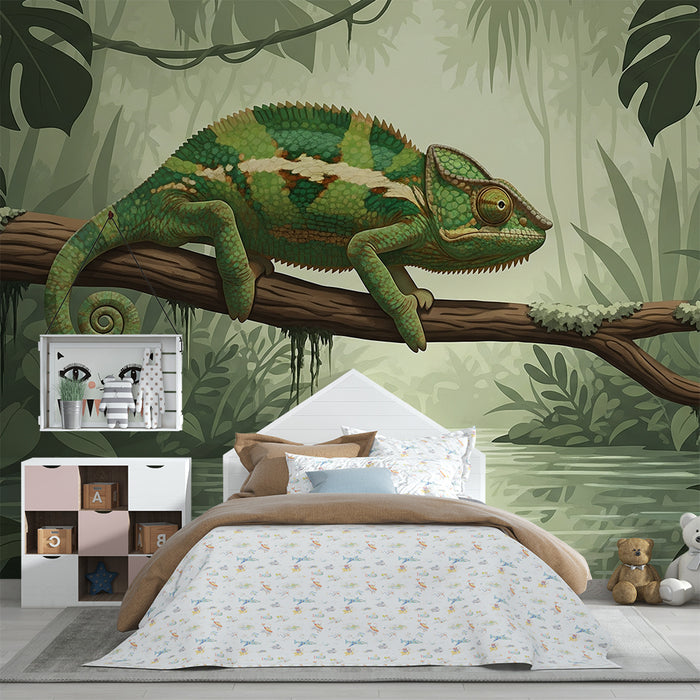 Kids' Room Wallpaper | Colorful Chameleon on a Branch in a Lush Jungle