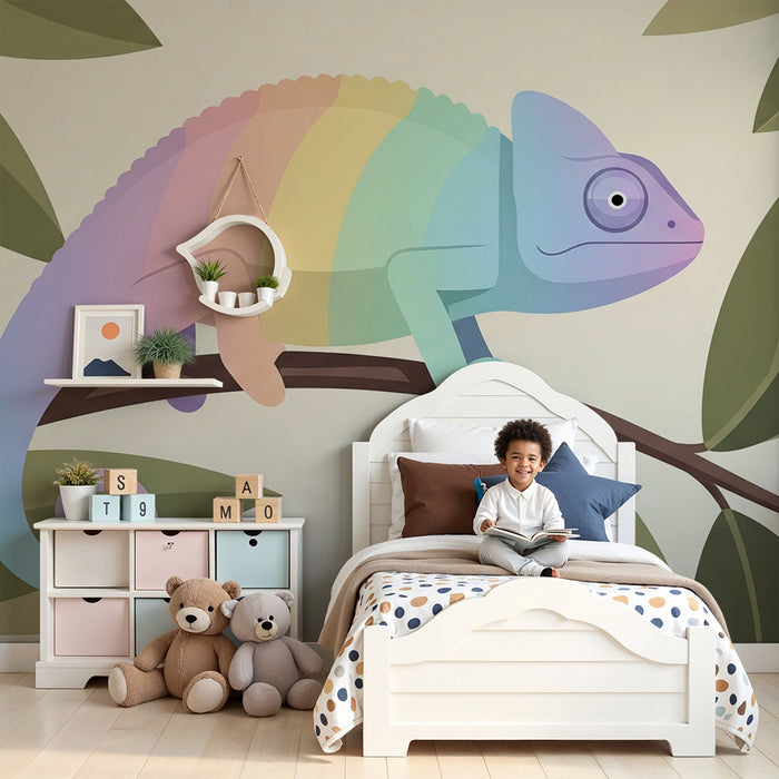 Children's bedroom wallpaper | Colorful chameleon on a branch in a tropical universe