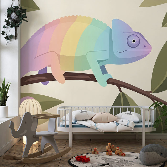 Children's bedroom wallpaper | Colorful chameleon on a branch in a tropical universe
