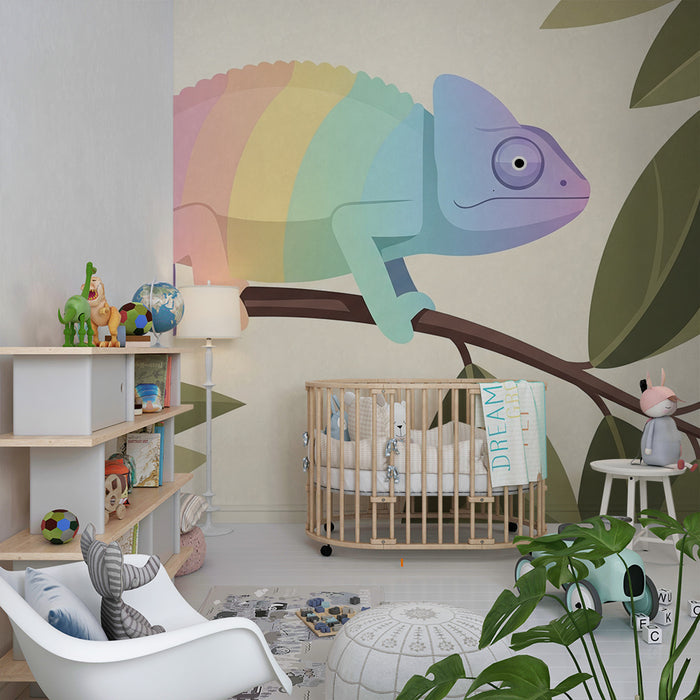 Children's bedroom wallpaper | Colorful chameleon on a branch in a tropical universe