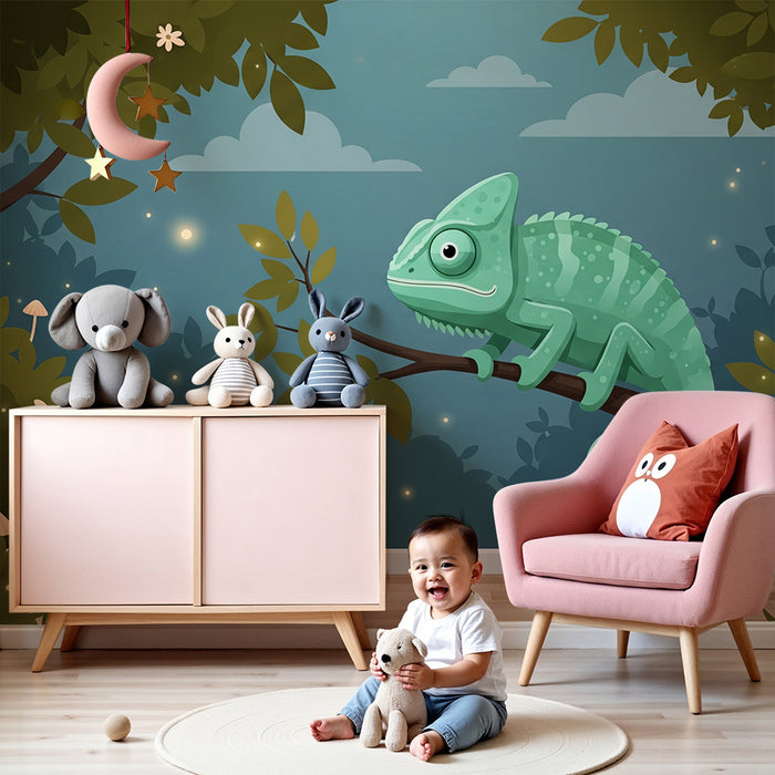 Kids' Room Wallpaper | Playful Chameleon on a Branch in an Enchanted Forest