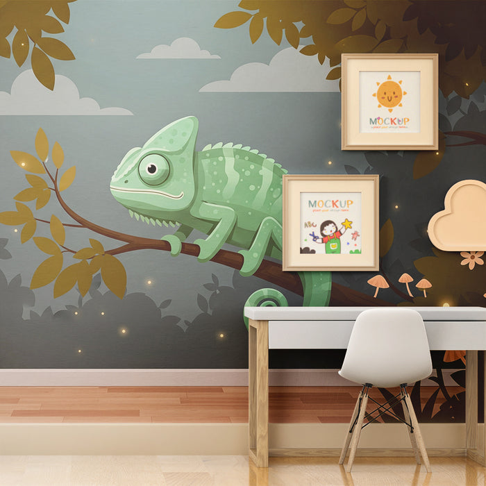 Kids' Room Wallpaper | Playful Chameleon on a Branch in an Enchanted Forest