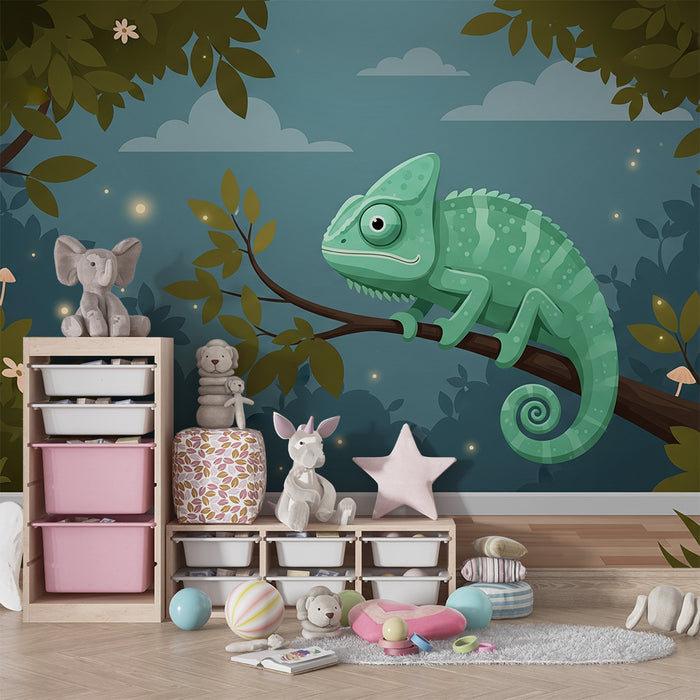 Kids' Room Wallpaper | Playful Chameleon on a Branch in an Enchanted Forest