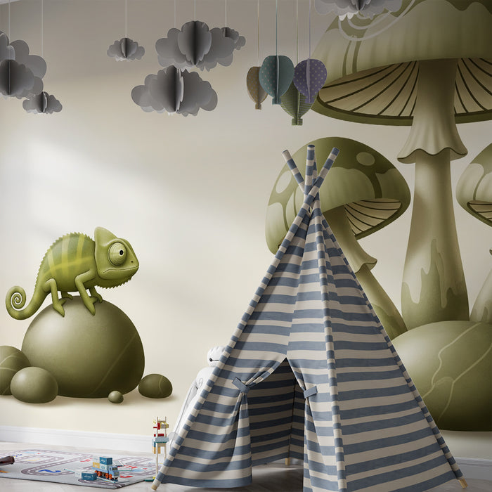 Carta da parati per camera bambini | Camaleonte e funghi in un universo fatato