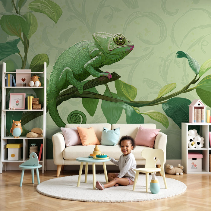 Kinderkamer behang | Kameleon en tropische bladeren