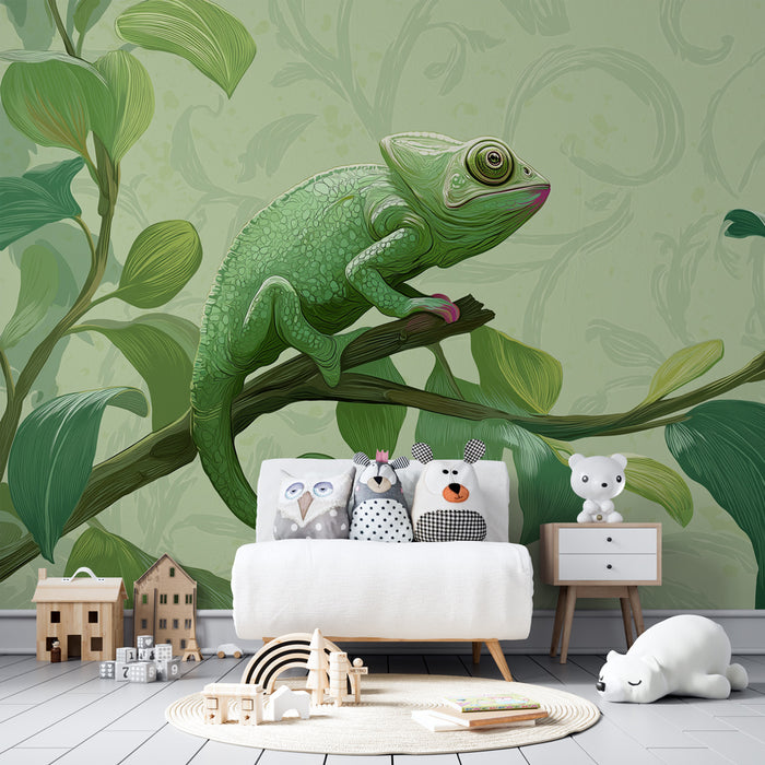 Kinderkamer behang | Kameleon en tropische bladeren