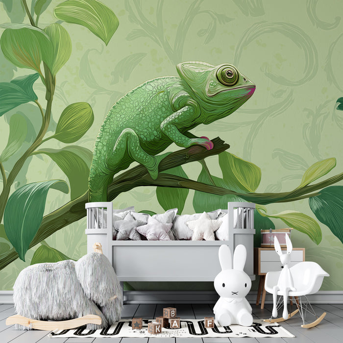 Kinderkamer behang | Kameleon en tropische bladeren