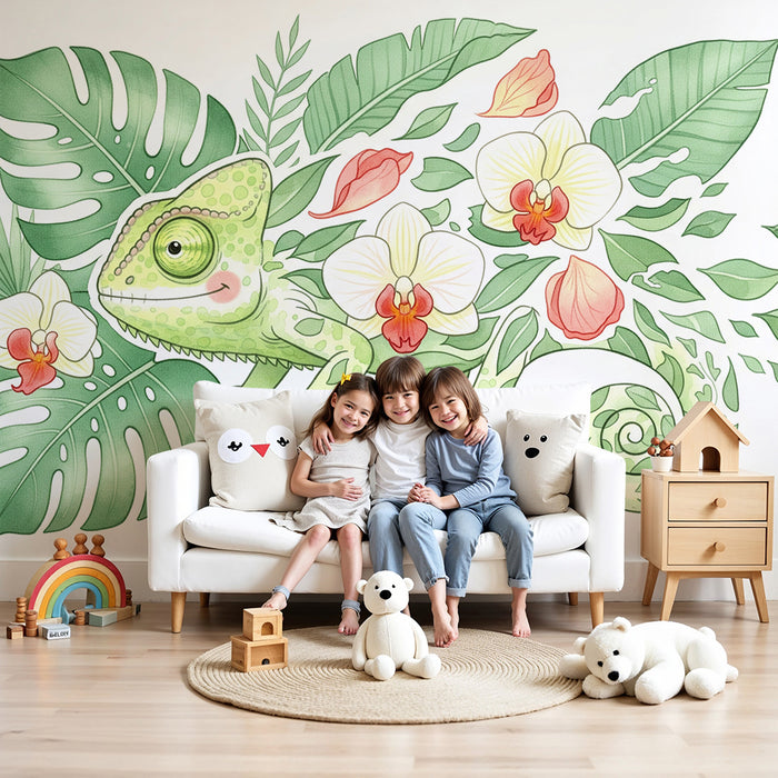 Papier peint chambre enfant | Caméléon joyeux parmi les fleurs tropicales