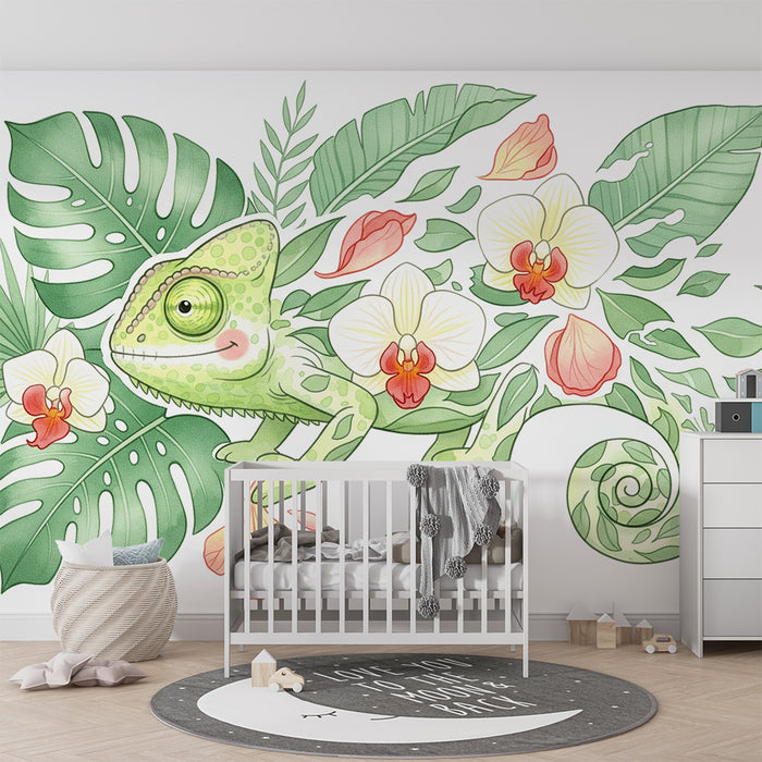 Papier peint chambre enfant | Caméléon joyeux parmi les fleurs tropicales