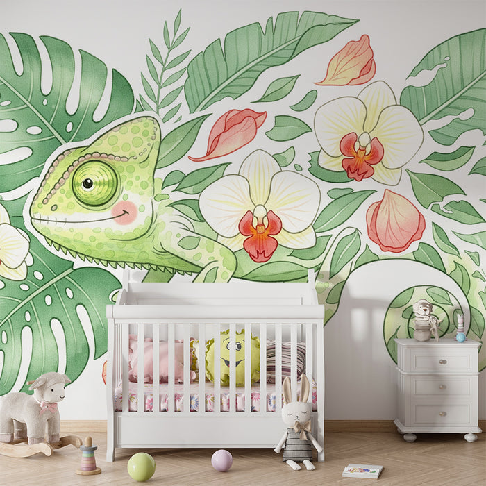 Papier peint chambre enfant | Caméléon joyeux parmi les fleurs tropicales