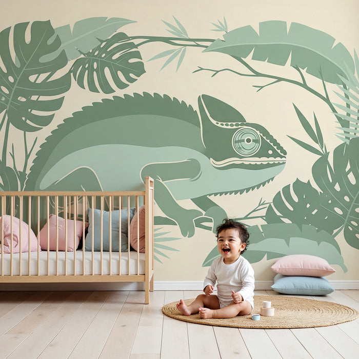 Dětské tapety do pokojíčku | Stylizovaný chameleón v tropickém listí