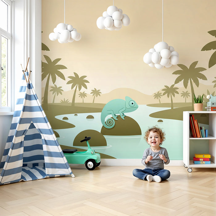 Kids bedroom wallpaper | Chameleon on a rock by a tropical river
