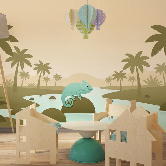 Kids bedroom wallpaper | Chameleon on a rock by a tropical river