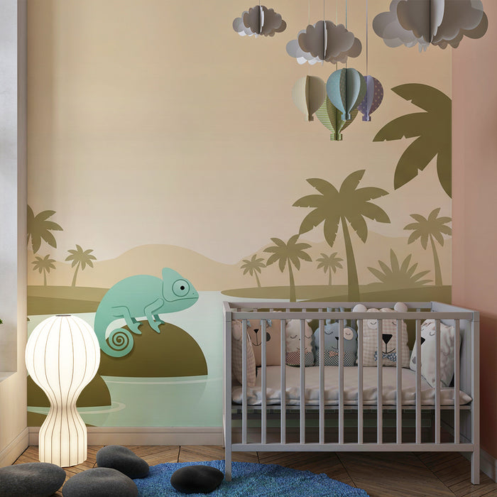 Kids bedroom wallpaper | Chameleon on a rock by a tropical river