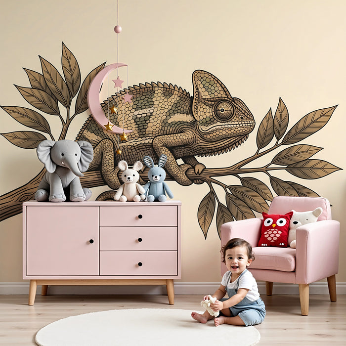 Children's Room Wallpaper | Chameleon on a Branch with Delicate Foliage