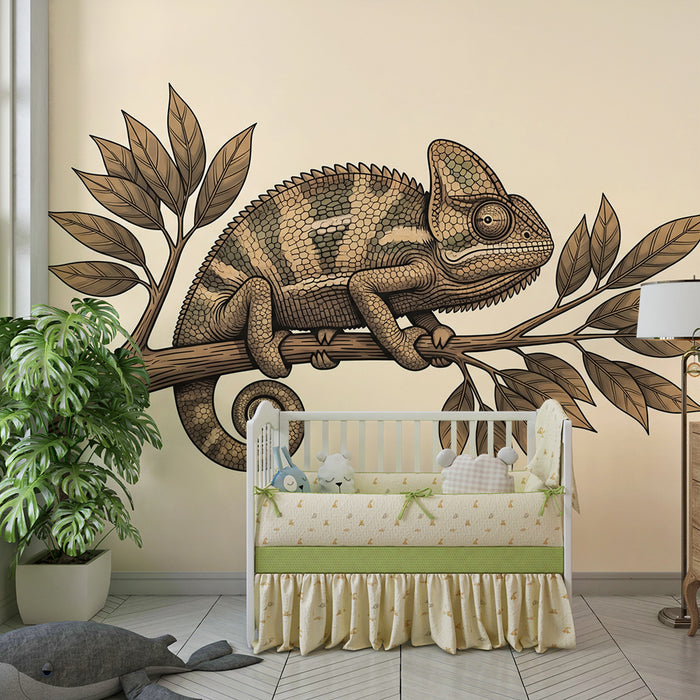 Children's Room Wallpaper | Chameleon on a Branch with Delicate Foliage