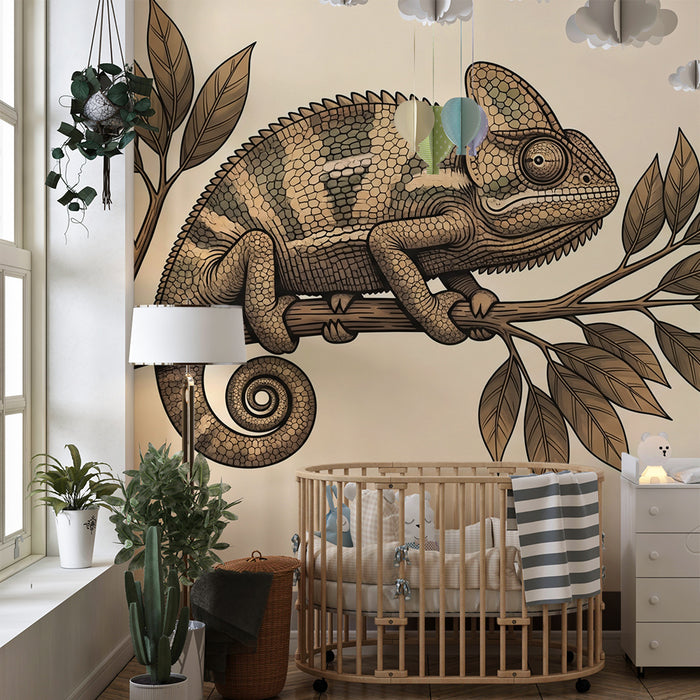 Children's Room Wallpaper | Chameleon on a Branch with Delicate Foliage