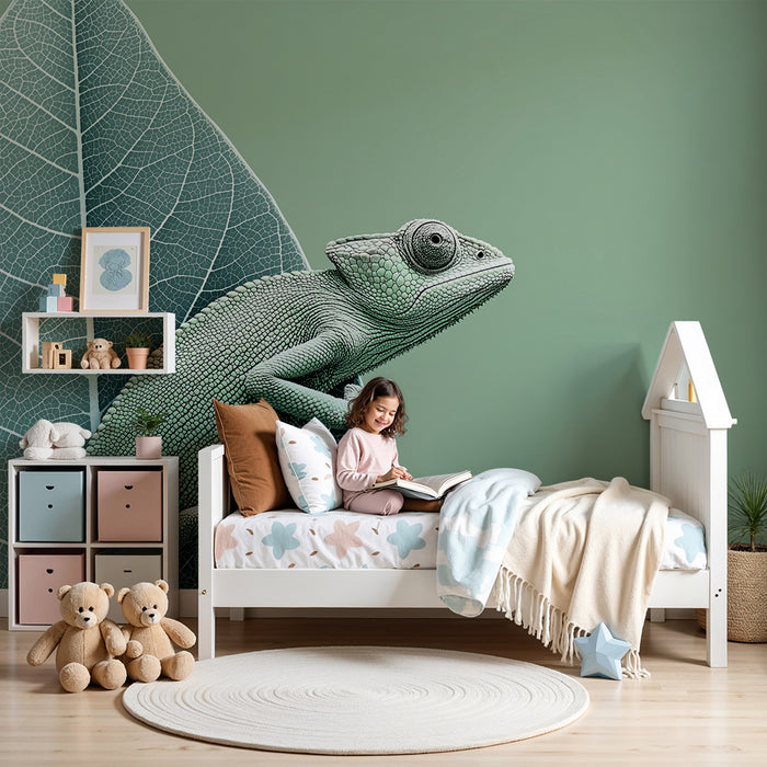 Kinderzimmer Tapete | Grüner Chamäleon auf zarten Blättern Hintergrund