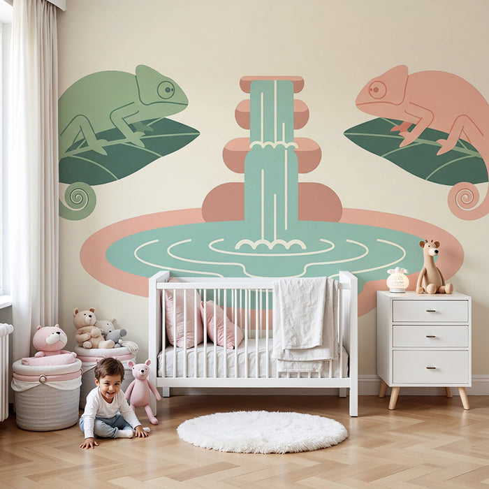 Papier peint chambre enfant | Caméléons colorés autour d'une fontaine paisible