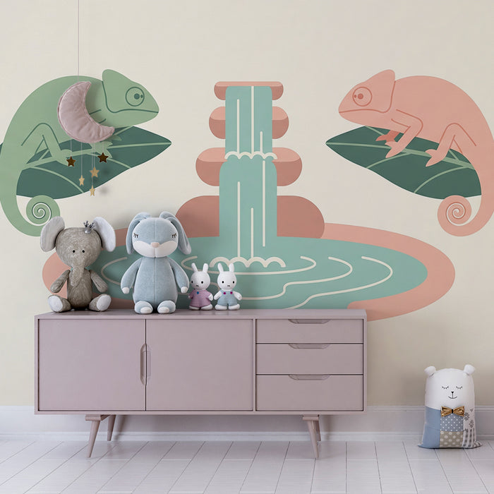 Papier peint chambre enfant | Caméléons colorés autour d'une fontaine paisible
