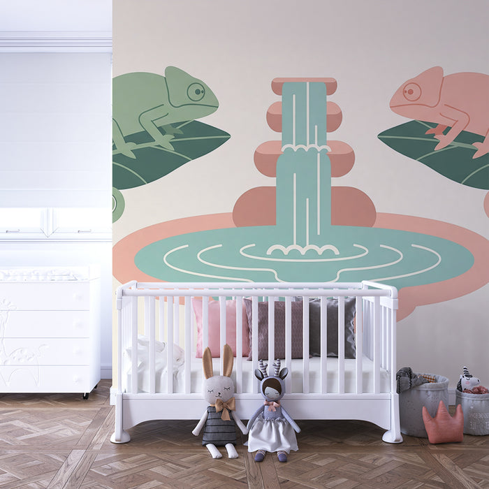Papier peint chambre enfant | Caméléons colorés autour d'une fontaine paisible