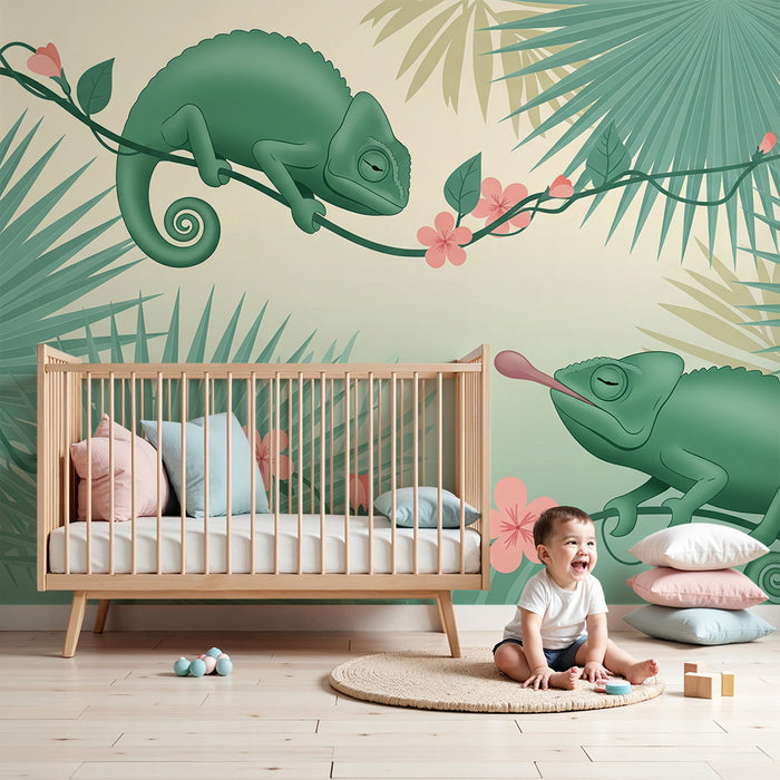 Tapeta do detskej izby | Hraví chameleóni uprostred tropickej zelene