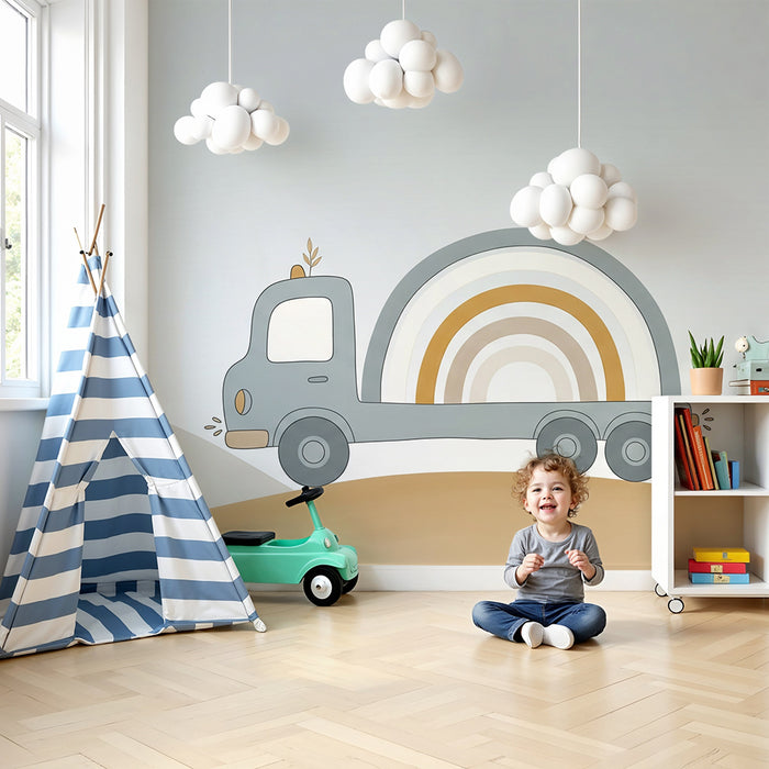 Kinderzimmer Tapete | Bunter LKW mit Regenbogen und Bagger