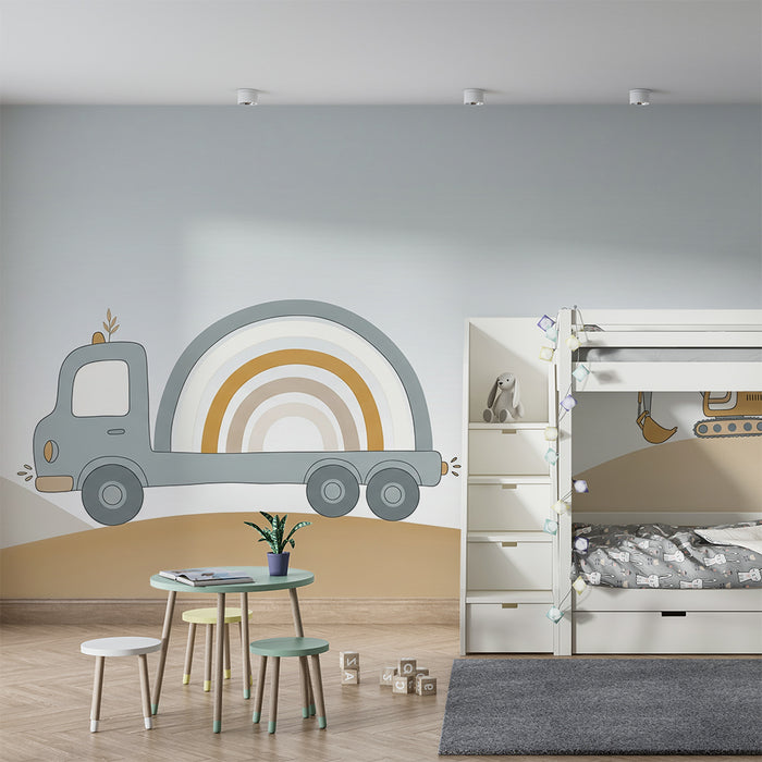 Kinderzimmer Tapete | Bunter LKW mit Regenbogen und Bagger
