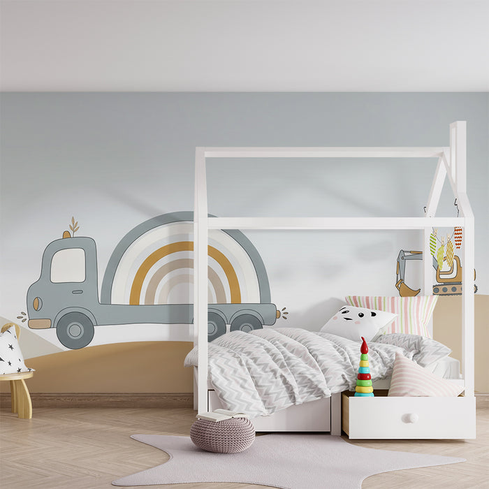 Kinderzimmer Tapete | Bunter LKW mit Regenbogen und Bagger