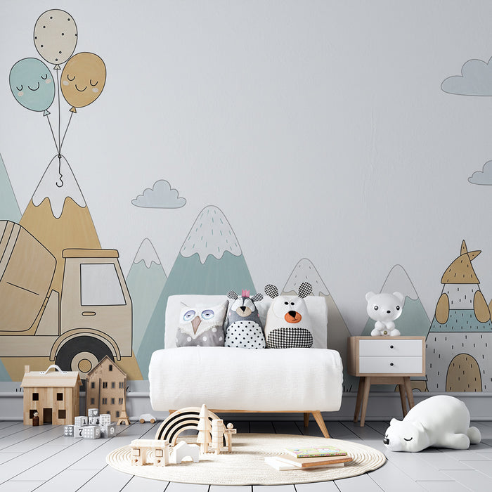 Papel de parede infantil | Camião de obra e montanhas coloridas com balões