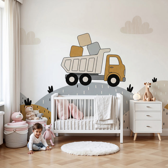 Papier peint chambre enfant | Camion de chantier sur des collines colorées