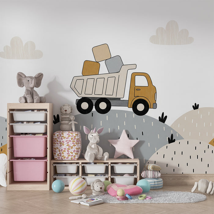Papier peint chambre enfant | Camion de chantier sur des collines colorées