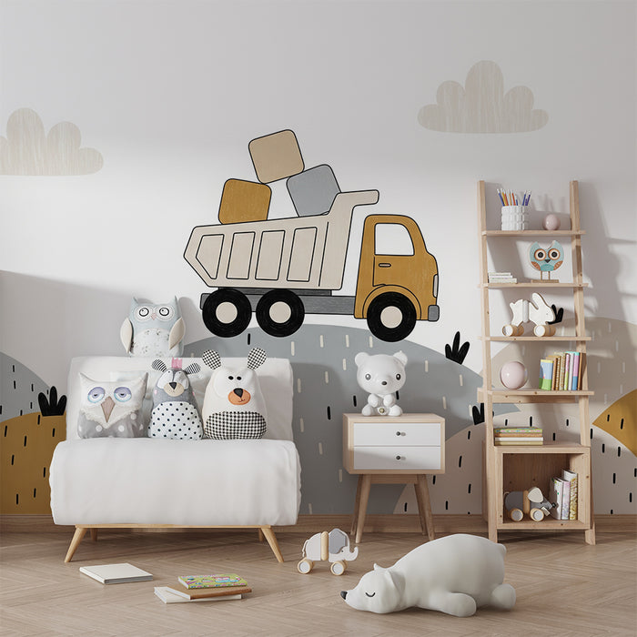 Papier peint chambre enfant | Camion de chantier sur des collines colorées
