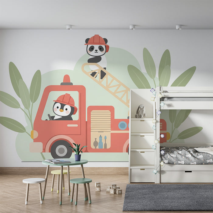 Tapet copii | Camion de pompieri cu panda amuzanți