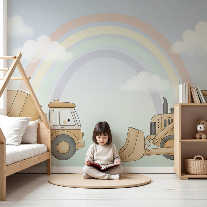 Kinderzimmer Tapete | LKW und Bulldozer unter einem Regenbogen