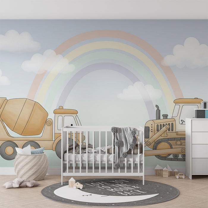 Kinderzimmer Tapete | LKW und Bulldozer unter einem Regenbogen
