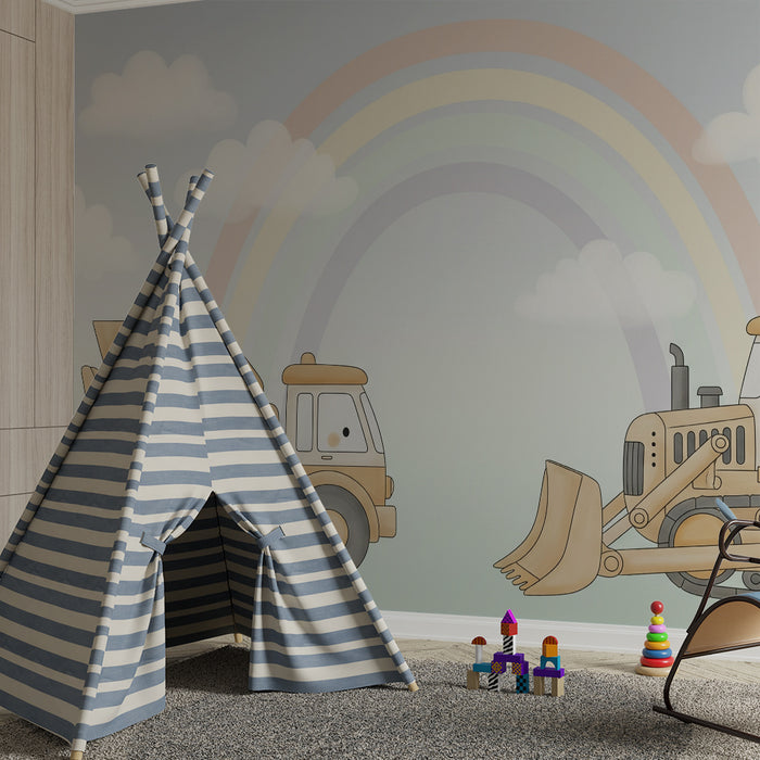 Kinderzimmer Tapete | LKW und Bulldozer unter einem Regenbogen