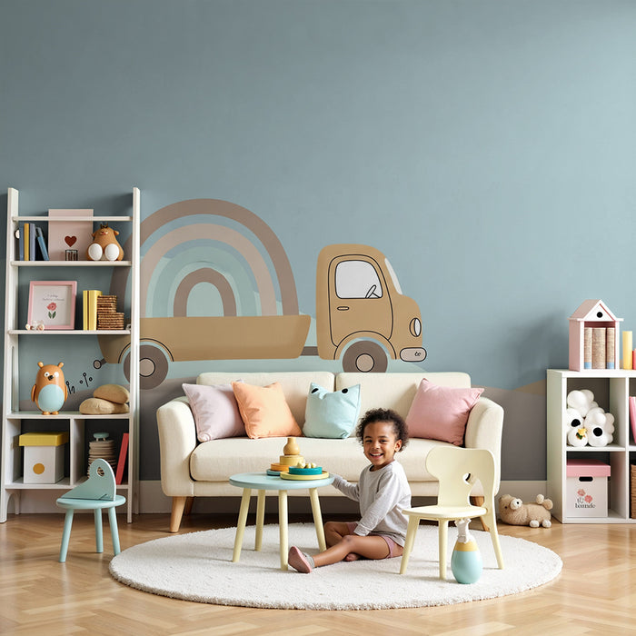 Papel de parede infantil | Camião e escavadora com um arco-íris colorido