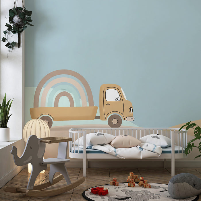 Papel de parede infantil | Camião e escavadora com um arco-íris colorido