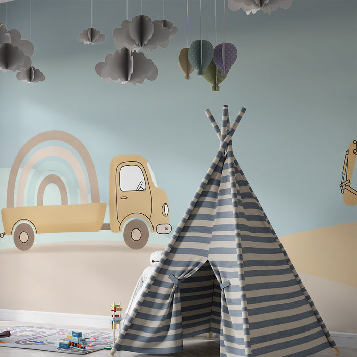 Papel de parede infantil | Camião e escavadora com um arco-íris colorido