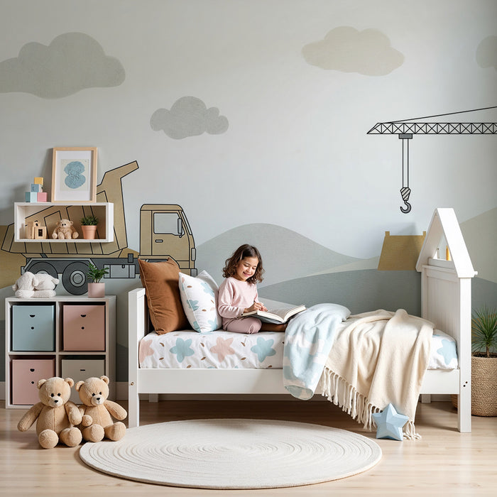Papier peint chambre enfant | Camion et grue sur un paysage de construction