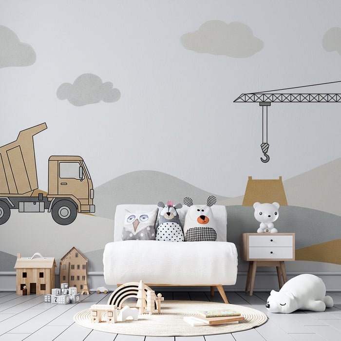 Papier peint chambre enfant | Camion et grue sur un paysage de construction