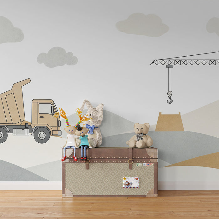 Papier peint chambre enfant | Camion et grue sur un paysage de construction