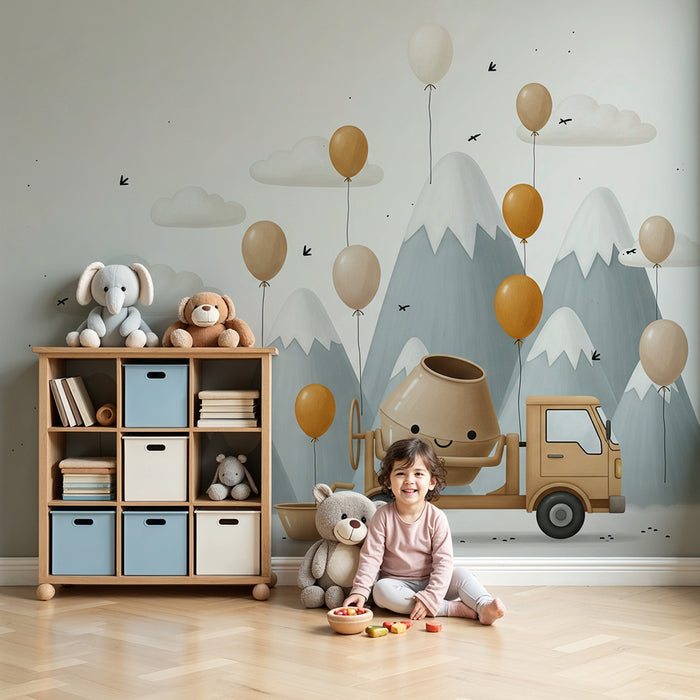Papier peint chambre enfant | Camion joyeux avec des ballons et montagnes douces